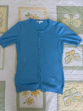 DownEast Short Sleeve Button Cardigan in Turquoise Blue